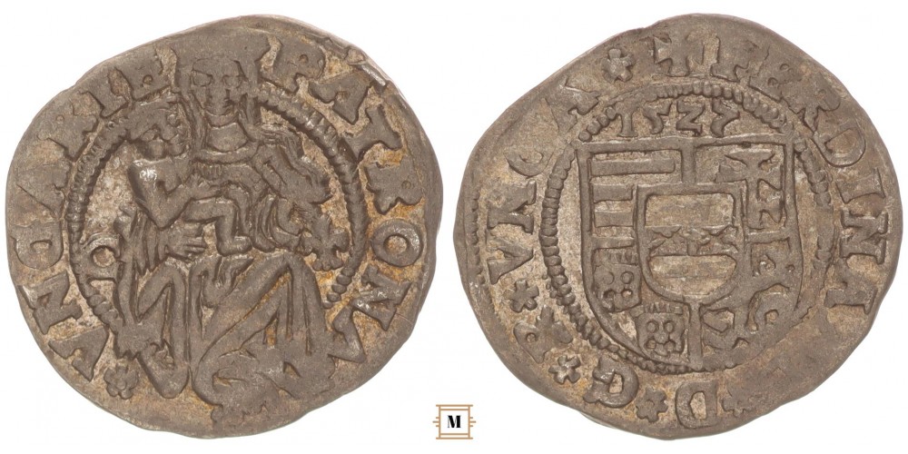 I. Ferdinánd denár 1527 C-liliom, címer felett évszám RR!