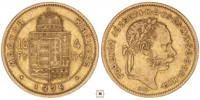 Ferenc József 10 frank 4 forint 1876 KB