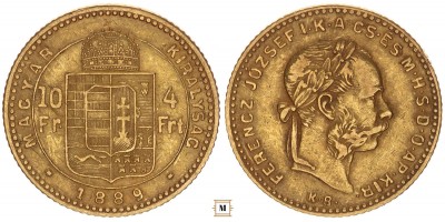 Ferenc József 10 frank 4 forint 1889 KB