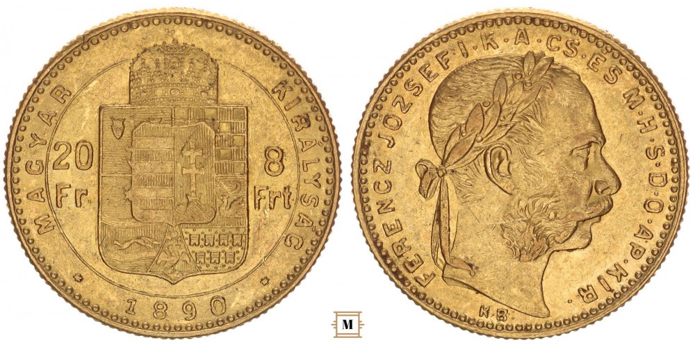 Ferenc József 20 frank 8 forint 1890 KB Fiume