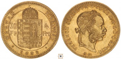 Ferenc József 10 frank 4 forint 1882 KB