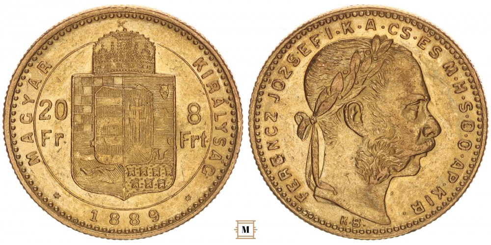 Ferenc József 20 frank 8 forint 1889 KB