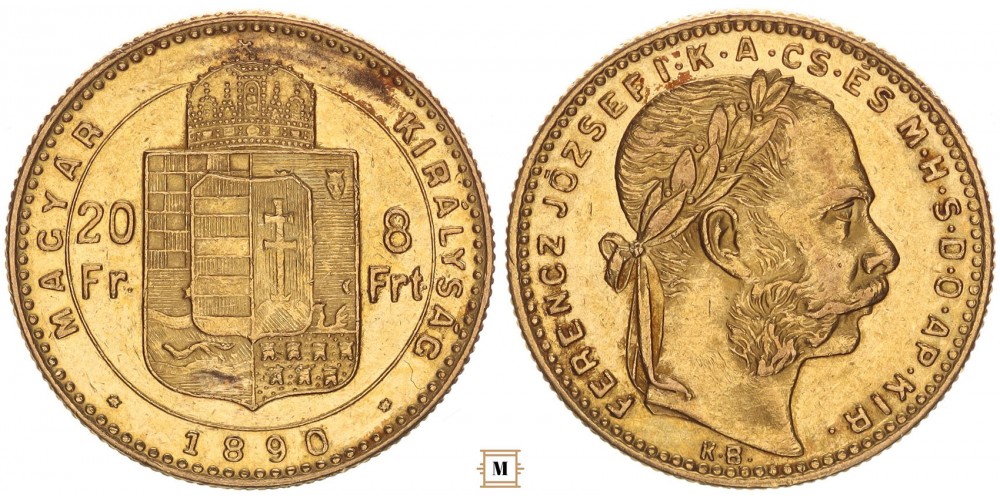 Ferenc József 20 frank 8 forint 1890 KB