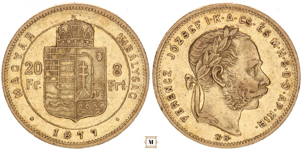 Ferenc József 20 frank 8 forint 1877 KB