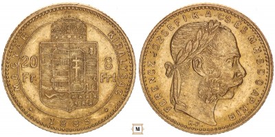 Ferenc József 20 frank 8 forint 1885 KB