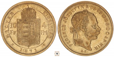 Ferenc József 10 frank 4 forint 1871 KB