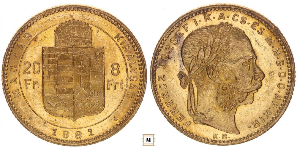 Ferenc József 20 frank 8 forint 1881 KB
