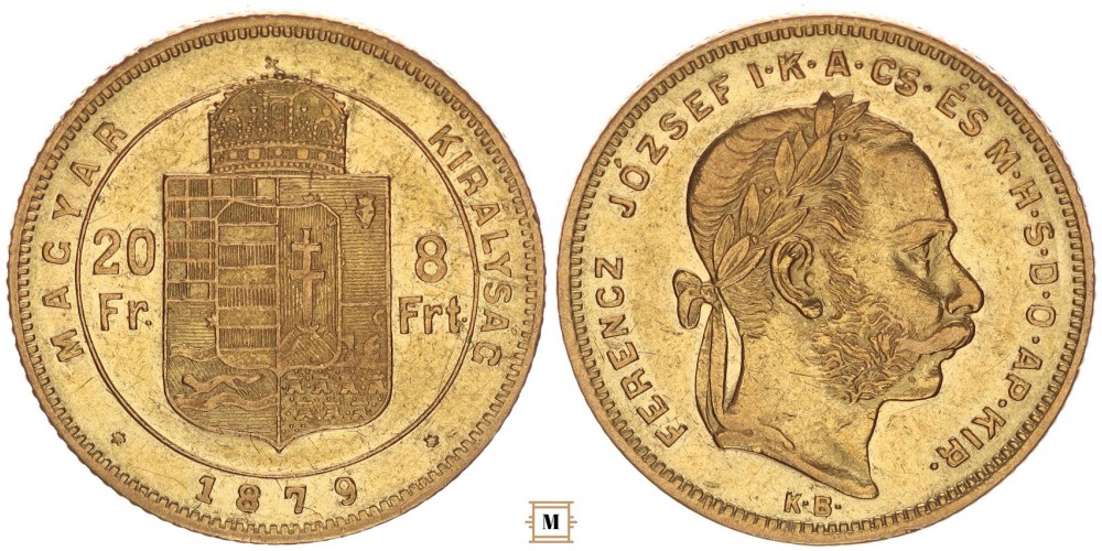 Ferenc József 20 frank 8 forint 1879 KB