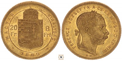 Ferenc József 20 frank 8 forint 1880 KB Kis fej, R!