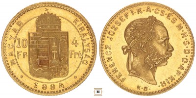 Ferenc József 10 frank 4 forint 1884 KB