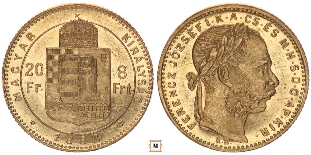 Ferenc József 20 frank 8 forint 1882 KB