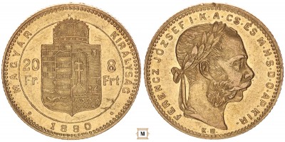 Ferenc József 20 frank 8 forint 1880 KB