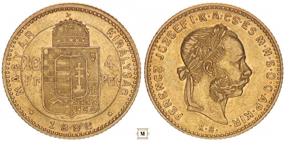 Ferenc József 10 frank 4 forint 1888 KB