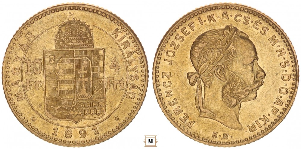 Ferenc József 10 frank 4 forint 1891 KB