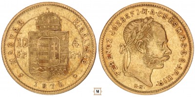 Ferenc József 10 frank 4 forint 1872 KB