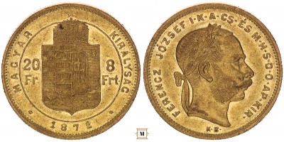 Ferenc József 20 frank 8 forint 1872 KB