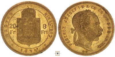 Ferenc József 20 frank 8 forint 1874 KB