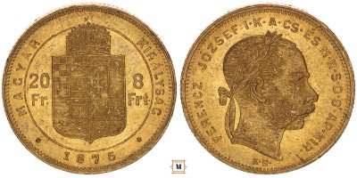 Ferenc József 20 frank 8 forint 1876 KB