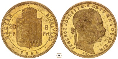 Ferenc József 20 frank 8 forint 1886 KB