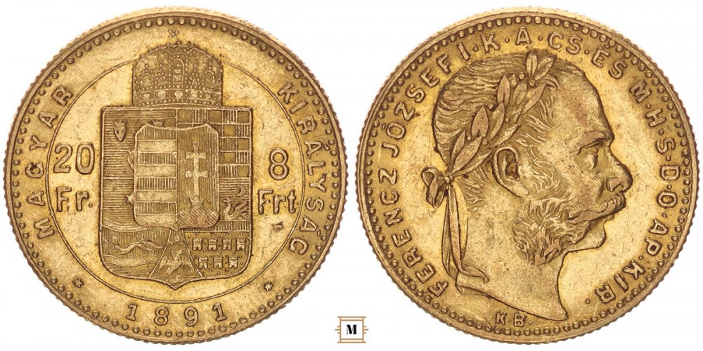 Ferenc József 20 frank 8 forint 1891 KB Fiume