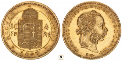 Ferenc József 10 frank 4 forint 1887 KB