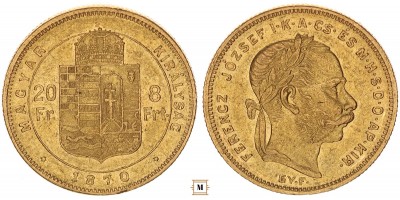 Ferenc József 20 frank 8 forint 1870 Gy.F.