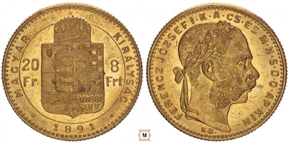 Ferenc József 20 frank 8 forint 1891 KB Fiume