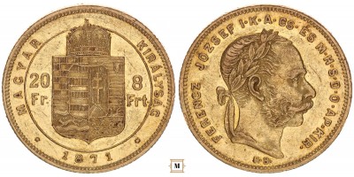 Ferenc József 20 frank 8 forint 1871 KB