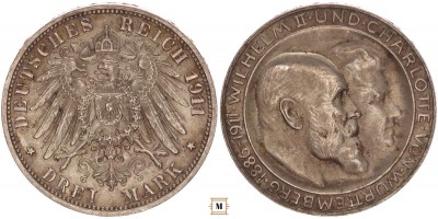 Württemberg 3 mark 1911 F