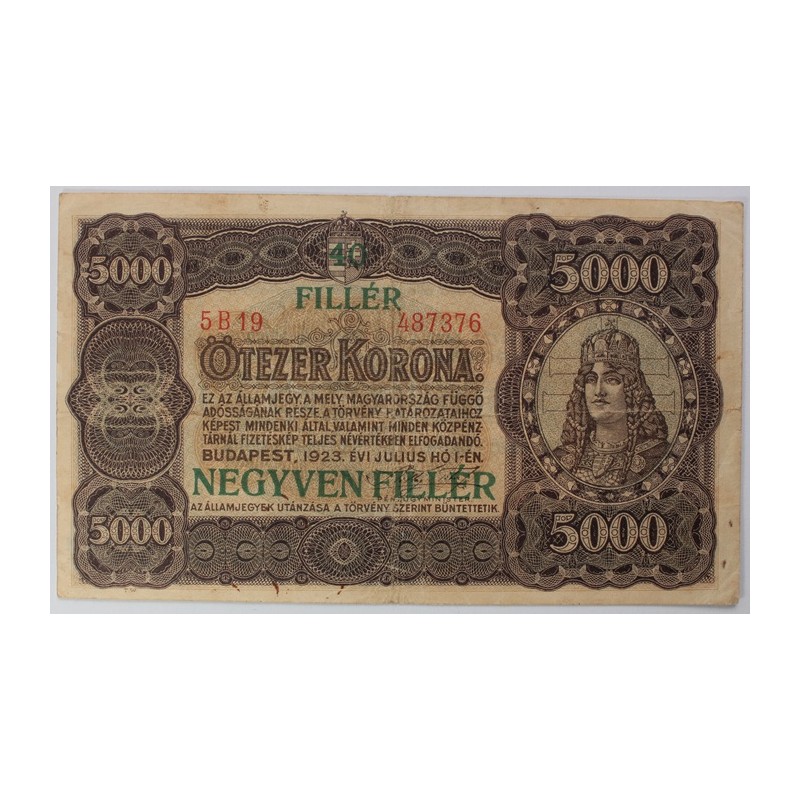 5000 Korona 1923 , 40 Fillér felülbélyegzés