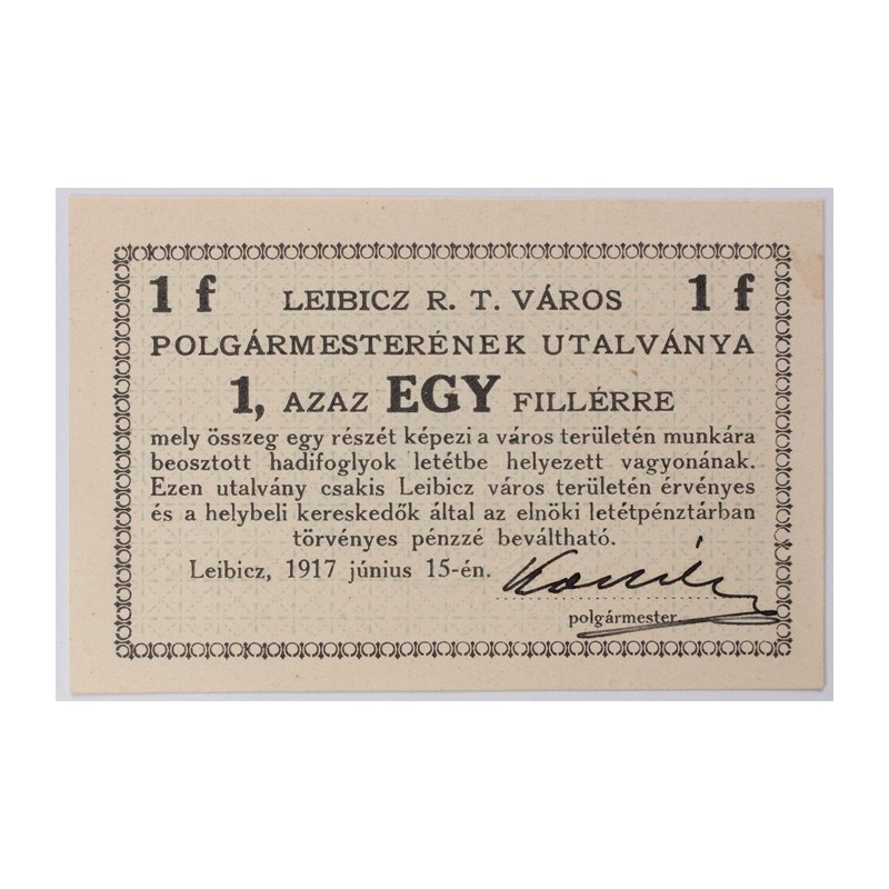 1 Fillér utalvány Leibicz 1917