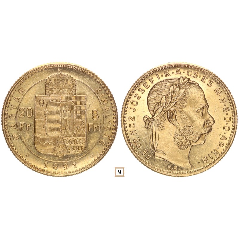 Ferenc József 20 frank 8 forint 1891 KB Fiume