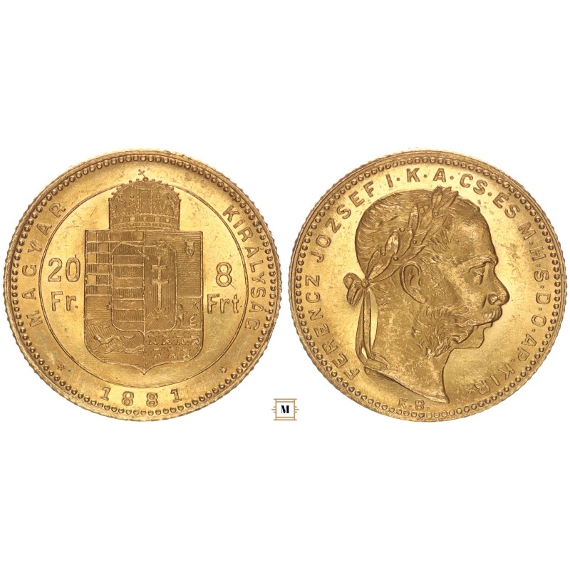 Ferenc József 20 frank 8 forint 1881 KB