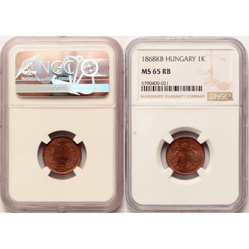 1 krajcár 1868 KB NGC MS65 RB TOP POP!