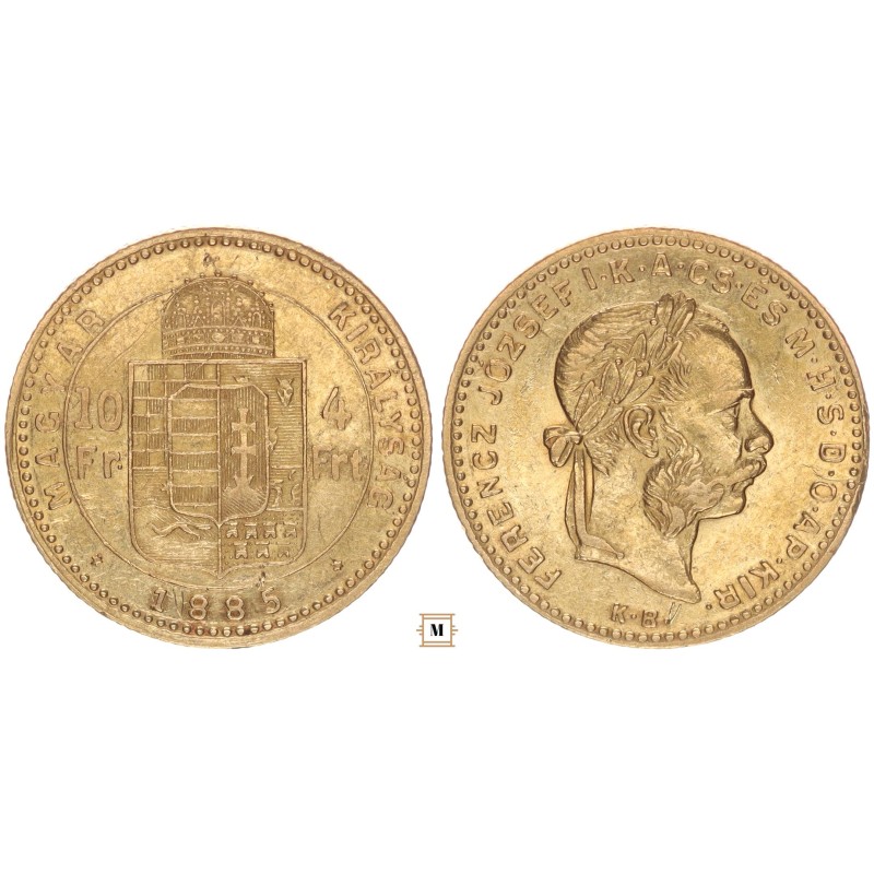 Ferenc József 10 frank 4 forint 1885 KB