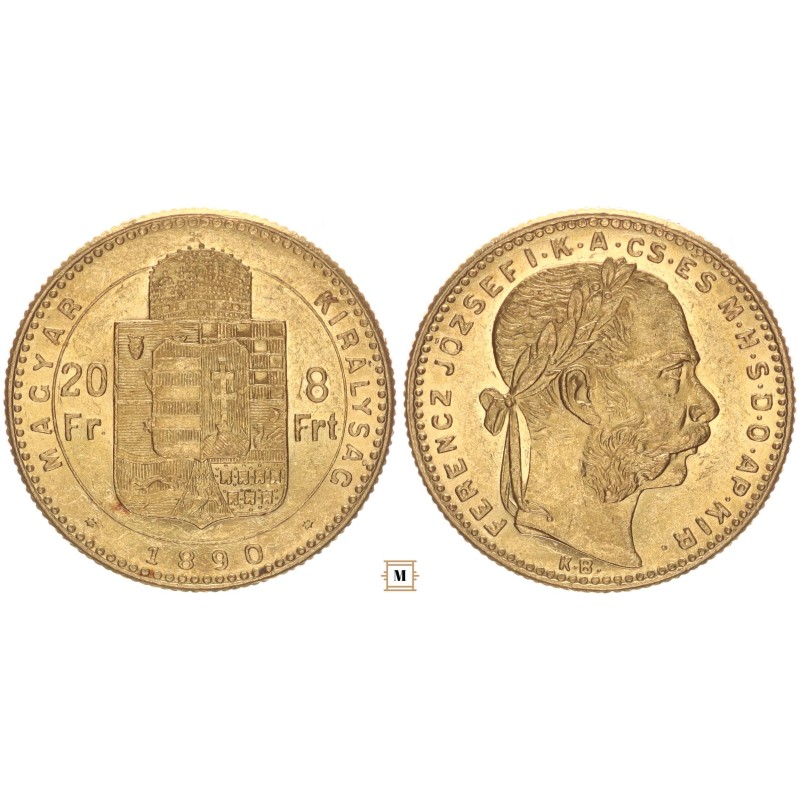 Ferenc József 20 frank 8 forint 1890 KB Fiume címer