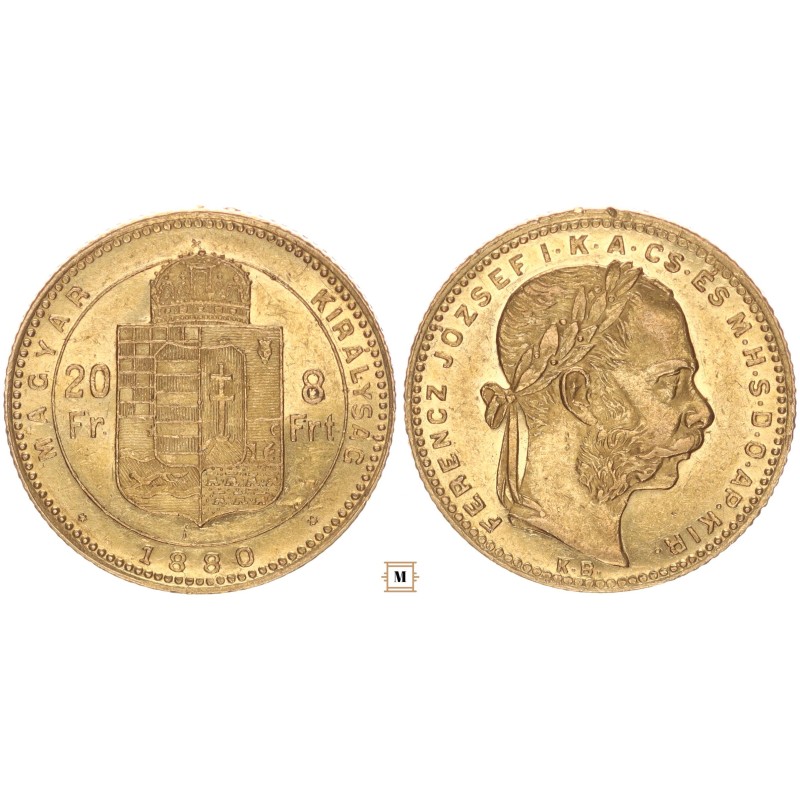 Ferenc József 20 frank 8 forint 1880 KB