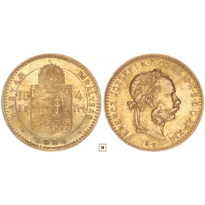 Ferenc József 10 frank 4 forint 1886 KB