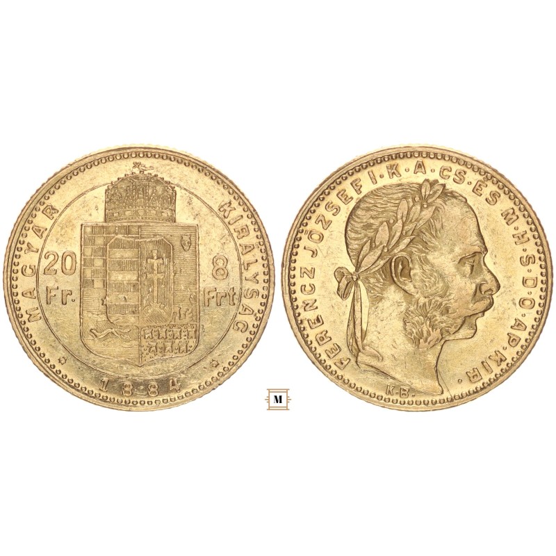 Ferenc József 20 frank 8 forint 1884 KB