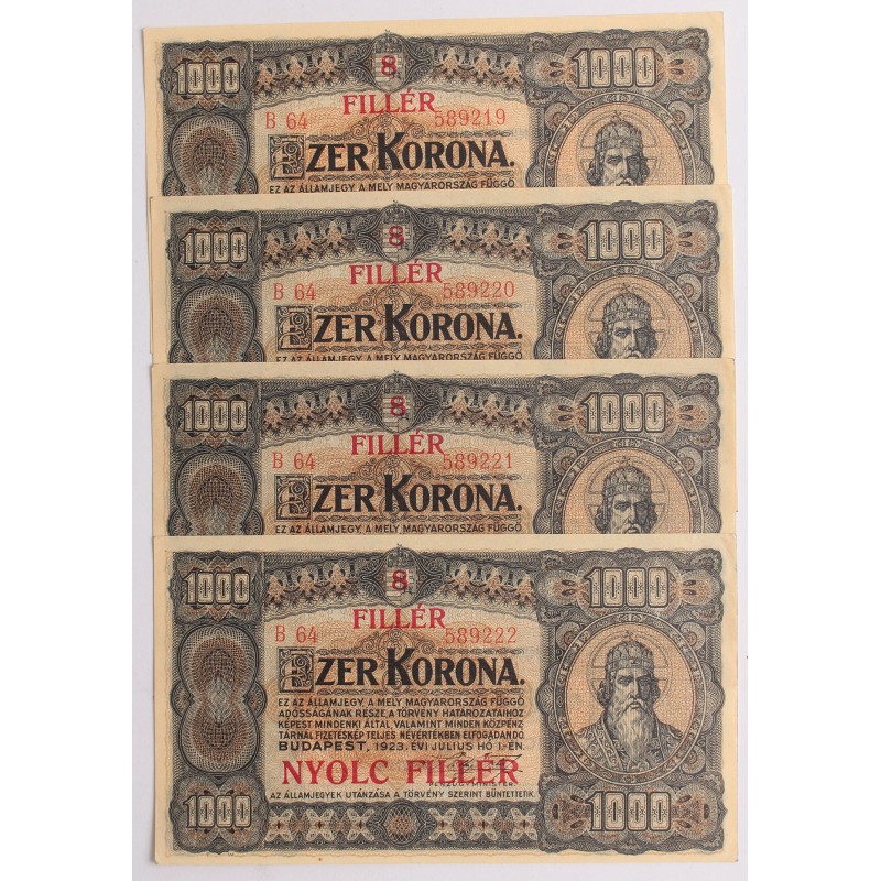 1000 korona 8 fillér 1923 4db sorszámkövető