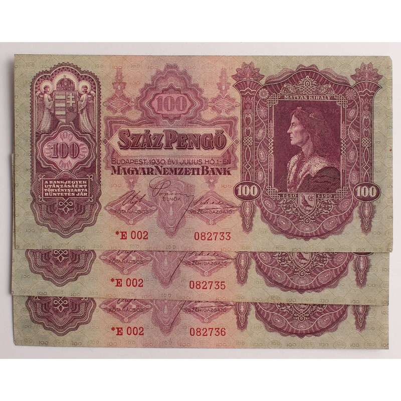 100 pengő 1930 csillagos 2db. sorszámkövető + 1db