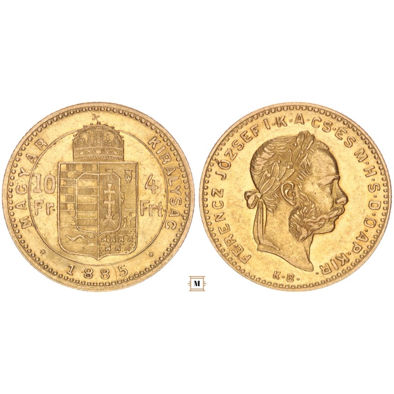 Ferenc József 10 frank 4 forint 1885 KB