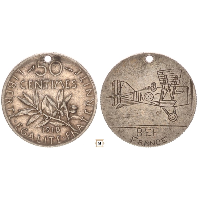 I. VH BEF France repülős front emlék 50 centimes 1918