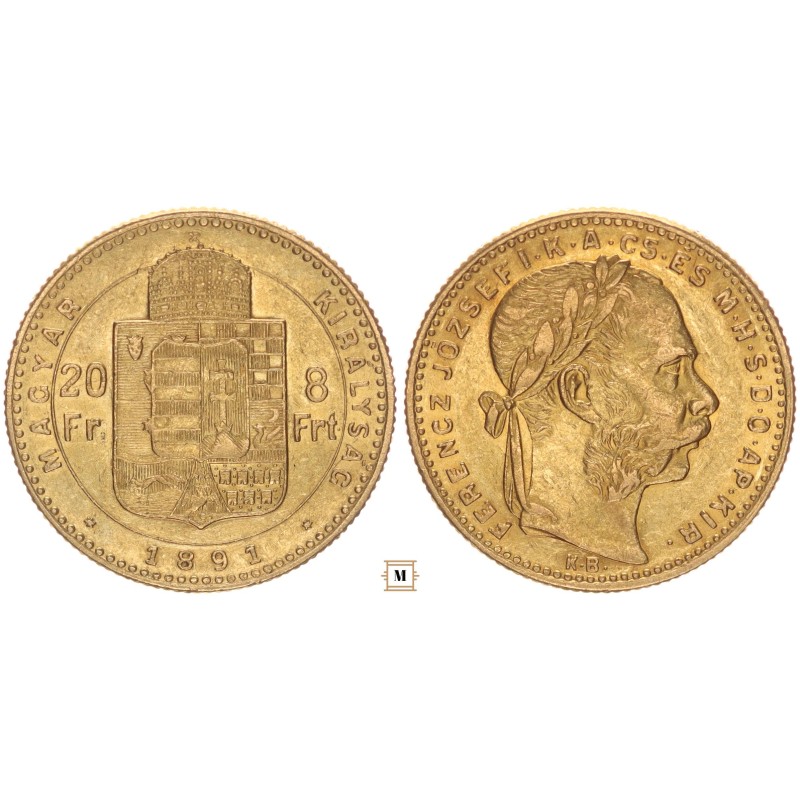 Ferenc József 20 frank 8 forint 1891 KB Fiume címer Ferenc József 20 frank 8 forint 1891 KB Fiume címer