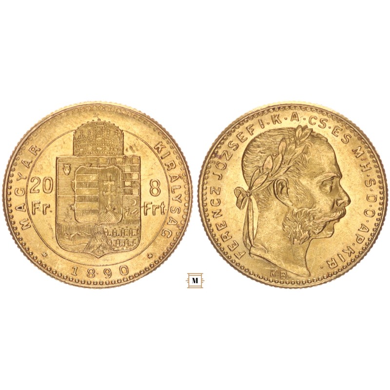 Ferenc József 20 frank 8 forint 1890 KB Fiume címer Ferenc József 20 frank 8 forint 1890 KB Fiume címer