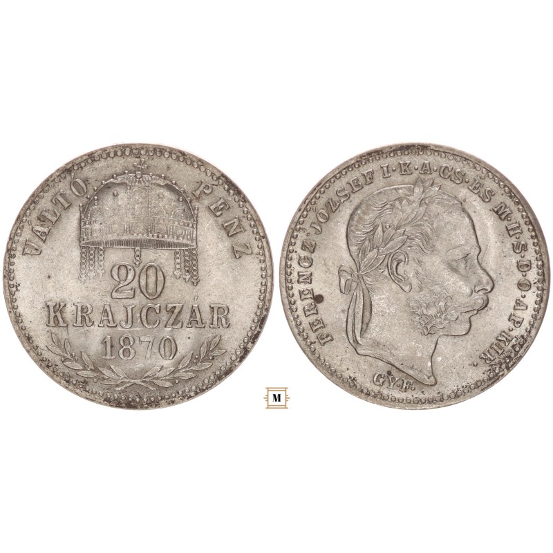 Ferenc József 20 krajcár 1870 GY.F. Ferenc József 20 krajcár 1870 GY.F.