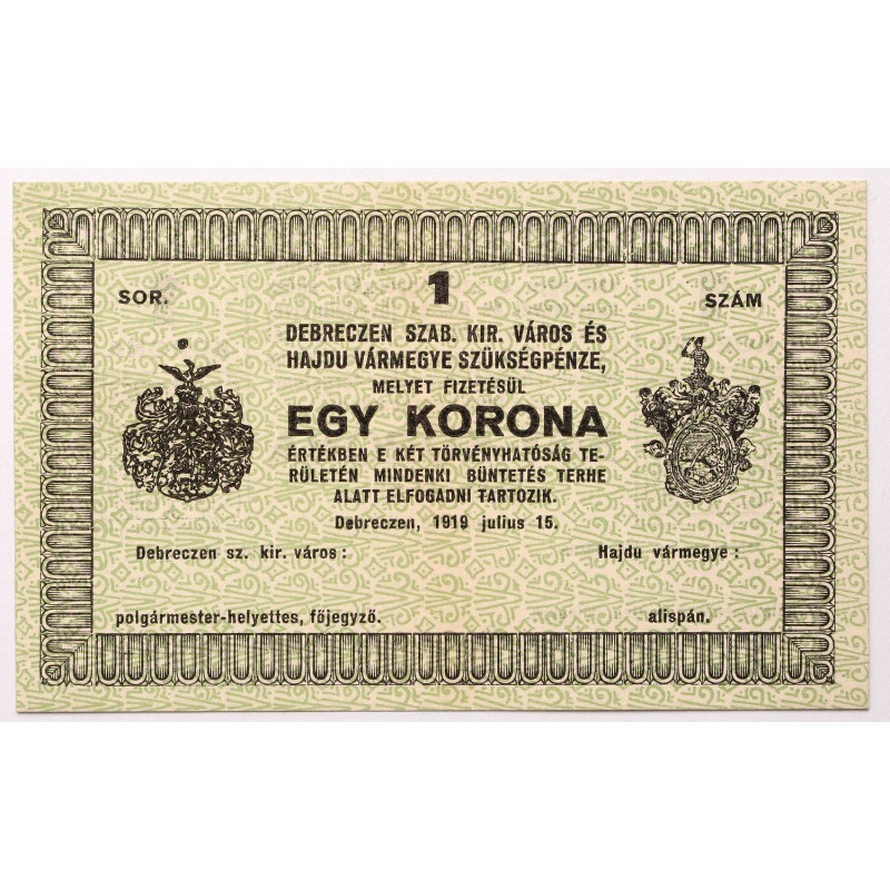 Debrecen 1 korona 1919 RR!