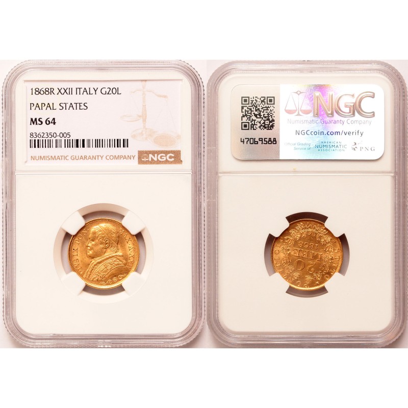 Pápai Állam 20 lire 1868 R NGC MS64 Pápai Állam 20 lire 1868 R NGC MS64