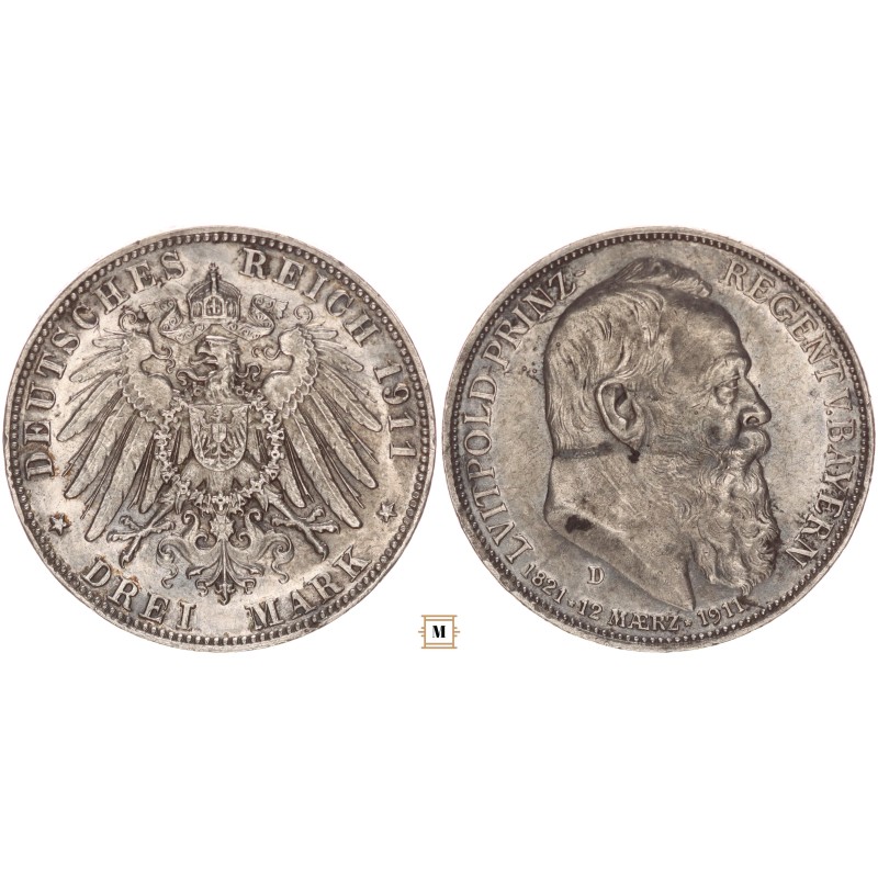 Bajorország, Prinzregent Luitpold 3 márka 1911 D Bajorország, Prinzregent Luitpold 3 márka 1911 D