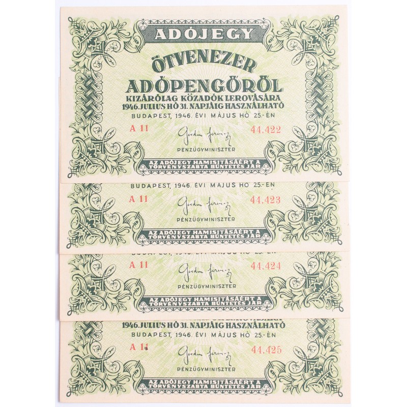 50000 Adópengő 1946 4db sorszámkövető 50000 Adópengő 1946 4db sorszámkövető